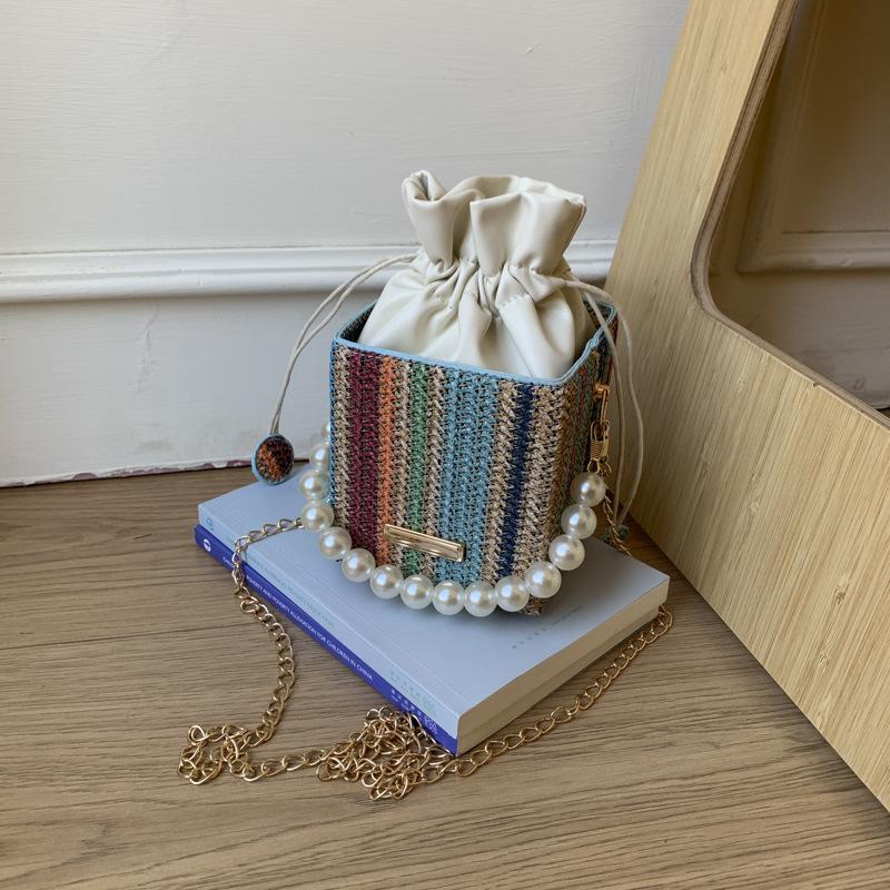 Pearl handbag women's 2025 new trendy small square bag fashion chain shoulder bag summer Internet celebrity woven bucket bag