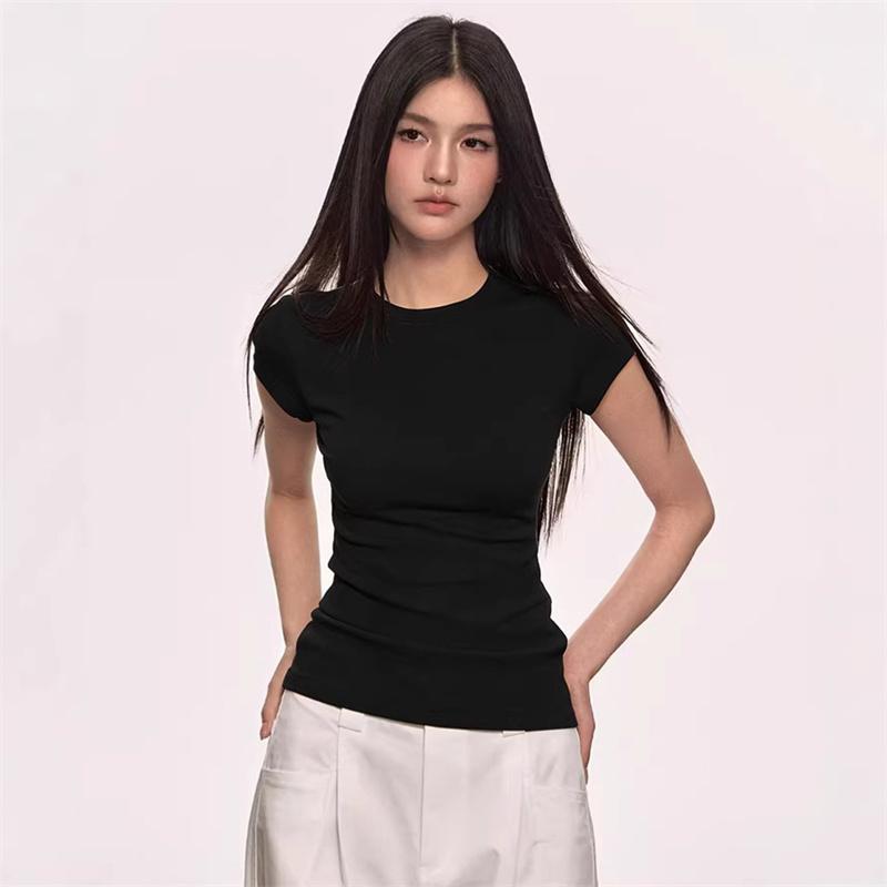 White shoulder short sleeved T-shirt for women, Lyocell summer solid color base, versatile round neck slim basic T-shirt top for women