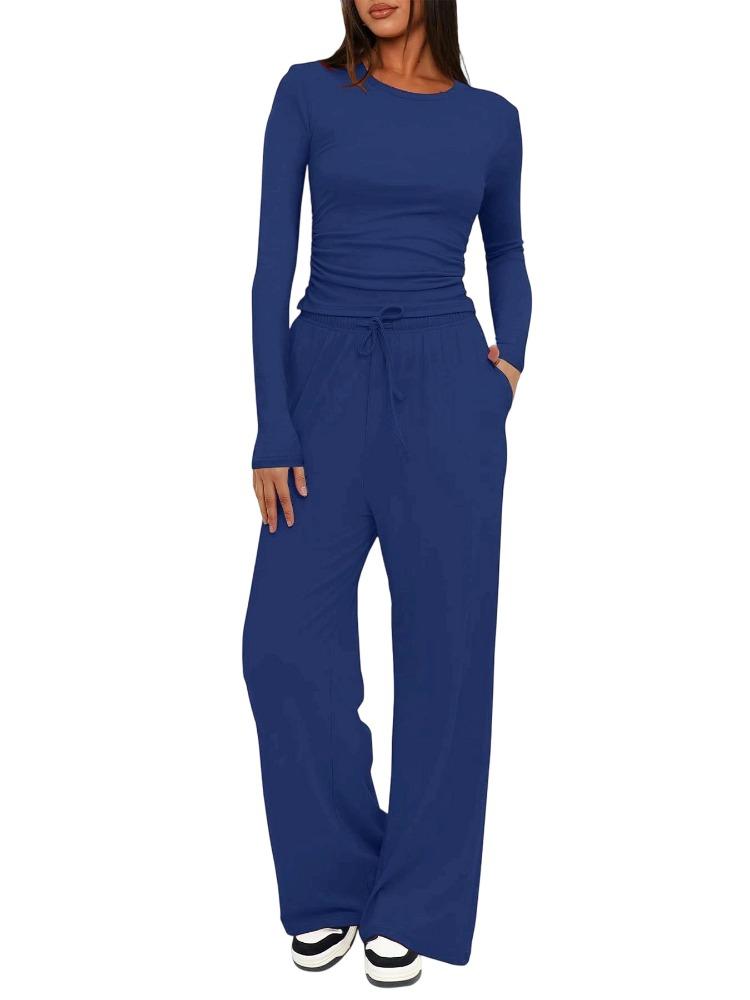 Solid Color Casual Long Sleeve Set Top High Waisted Wide Leg Pants Sportswear