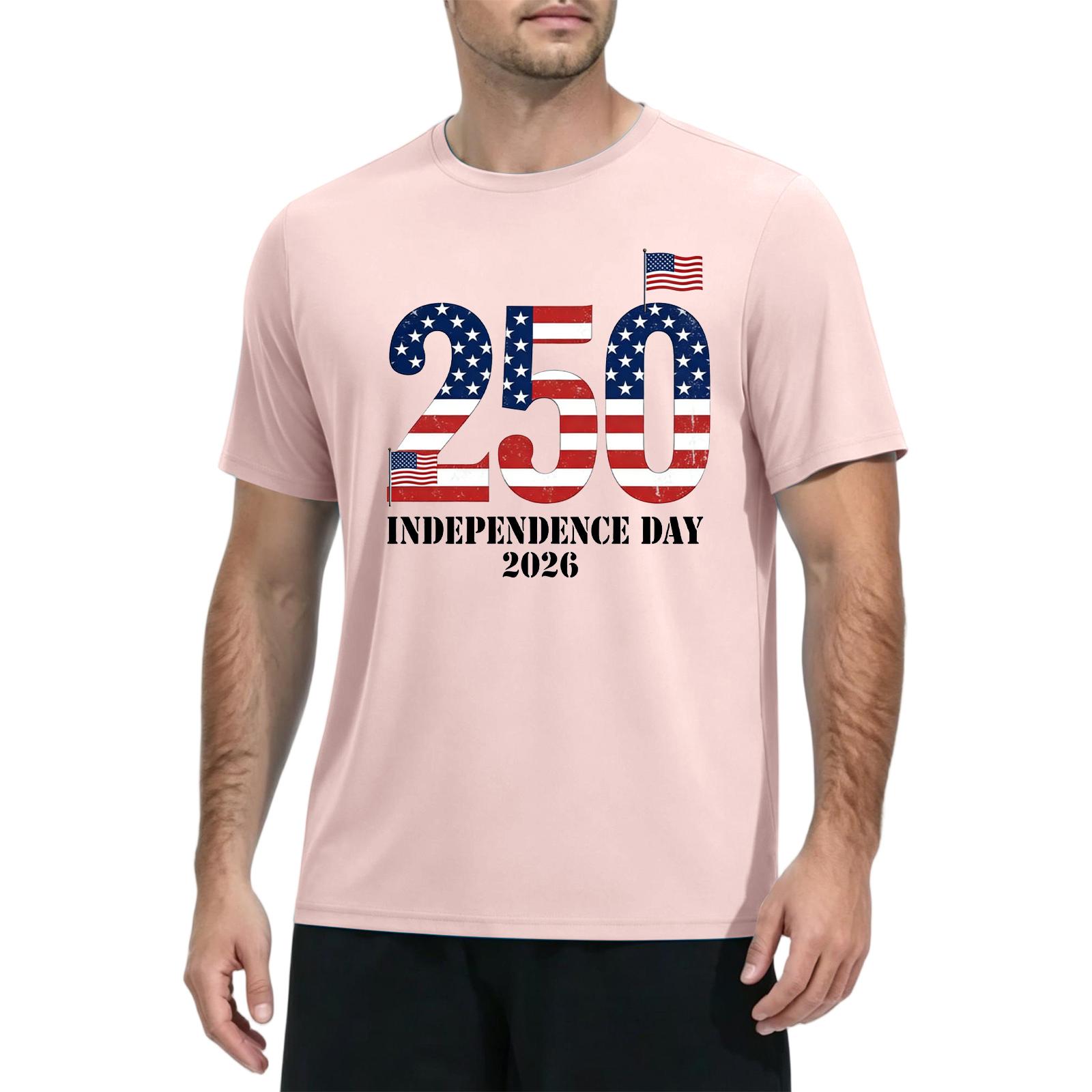 

Men’s Short Sleeve Crew Neck T Shirt with 250 Independence Day 2026 Print Soft Cotton Classic Fit Casual Top XL рожевий