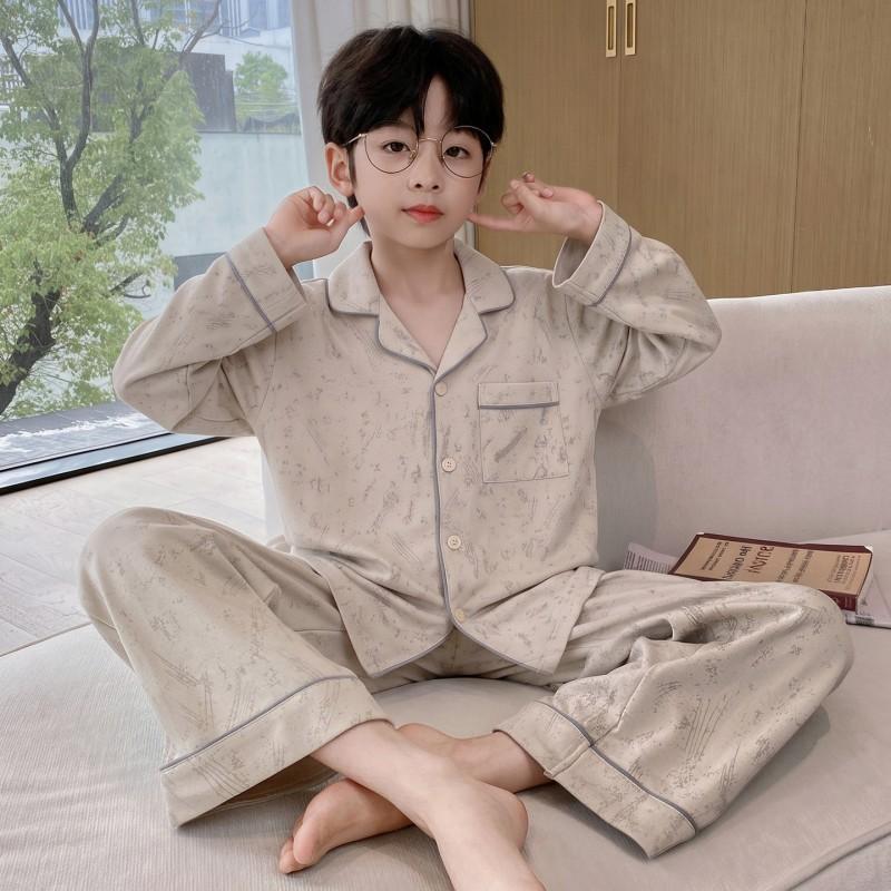 Boys Long Sleeve Cotton Pajamas Set Cartoon Print Soft Sleepwear Kids Teens Home Wear