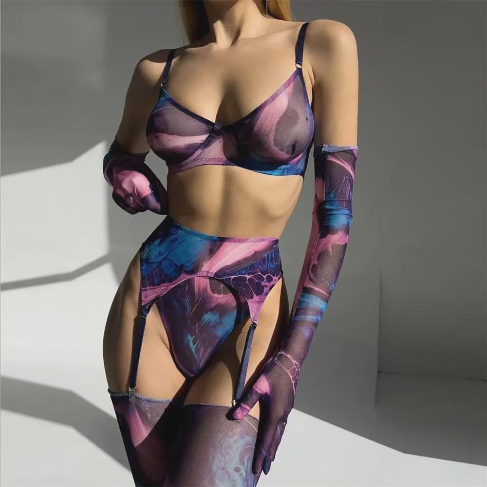 European & American Tie-Dye Mesh Lingerie 5-Piece Ultra-Thin Set