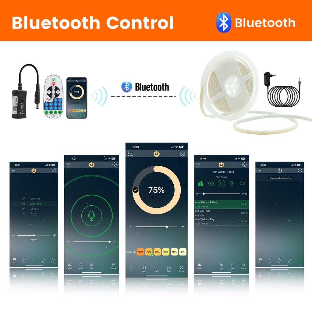 IP67 Waterproof COB Neon Strip Kit Bluetooth APP Control Dimmerable DC 12V 24V Flexible Ribbon LED Light 3000K 4000K 6000K