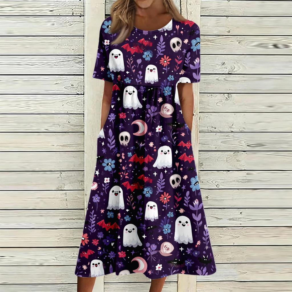 Women Casual Halloween Print Dress Short Sleeve Round Neck Pocket Midi Dress Loose Fit Comfortable Everyday Wear