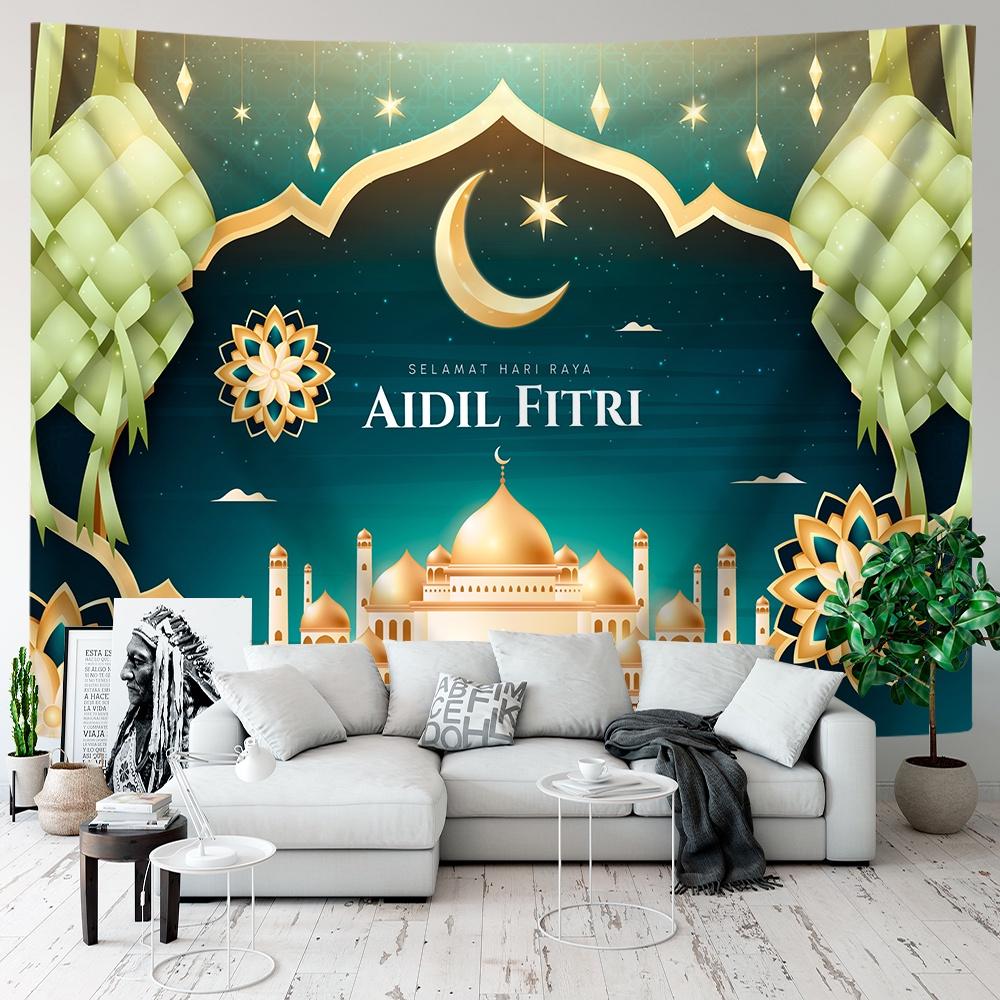 VIKAMA Green Gold Mosque Tapestry Ramadan Kareem Ramadan Wall Hanging Islamic Bedroom Decor Washable Art for Living Room