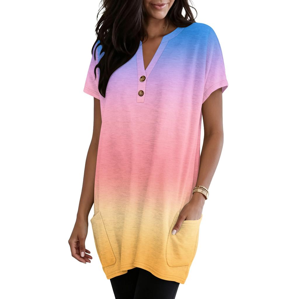 Women's V-Neck Gradient Print Short Sleeve Blouse with Pocket - Casual Pullover Top for Everyday Wear
