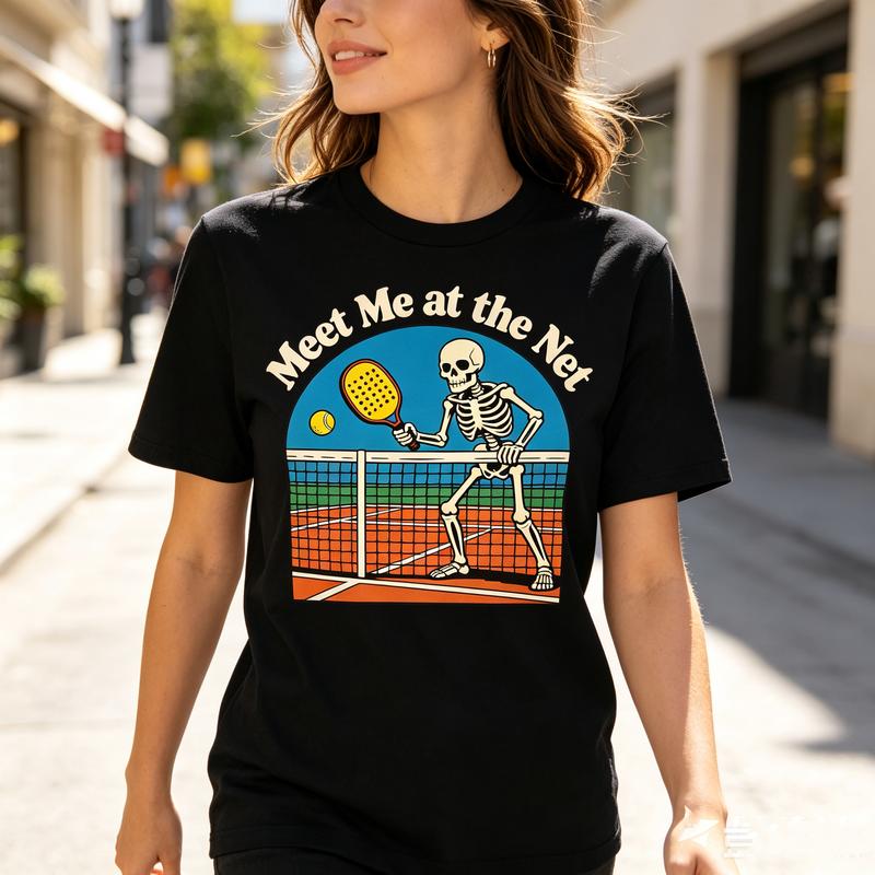 Meet Me at the Net Skeleton Pickleball TShirt Funny Sport Racket Graphic Tee Casual Short Sleeve Shirt Streetwear Player Lover