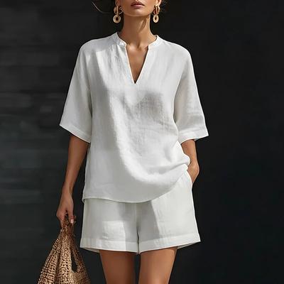 Casual Two Piece Set for Women V Neck Half Sleeve Loose Top and High Waist Shorts Summer Breathable Comfort Outfit for Dai