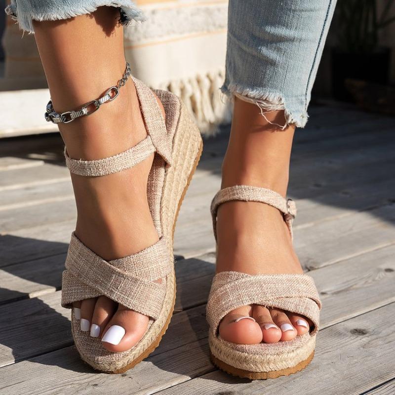 Fashion Women's Wedge Sandals 2025 New Thick-soled Muffin Sandals Fashion Canvas Casual Sandals for Women Peep Toe Platform Sandalias