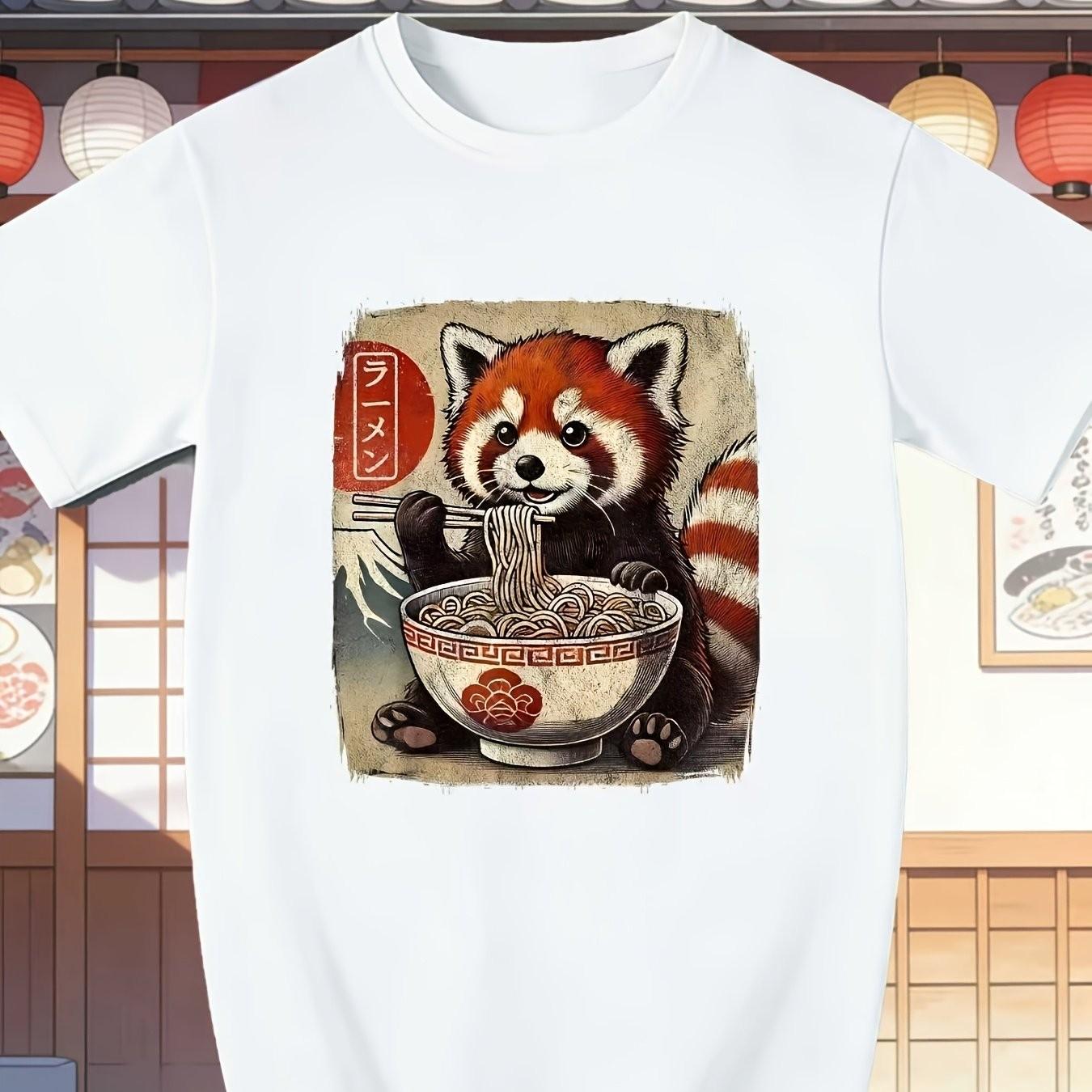 Красная панда ест рамен Японский Кавайи Аниме Графическая футболка Повседневная футболка с круглым вырезом для мужчин S