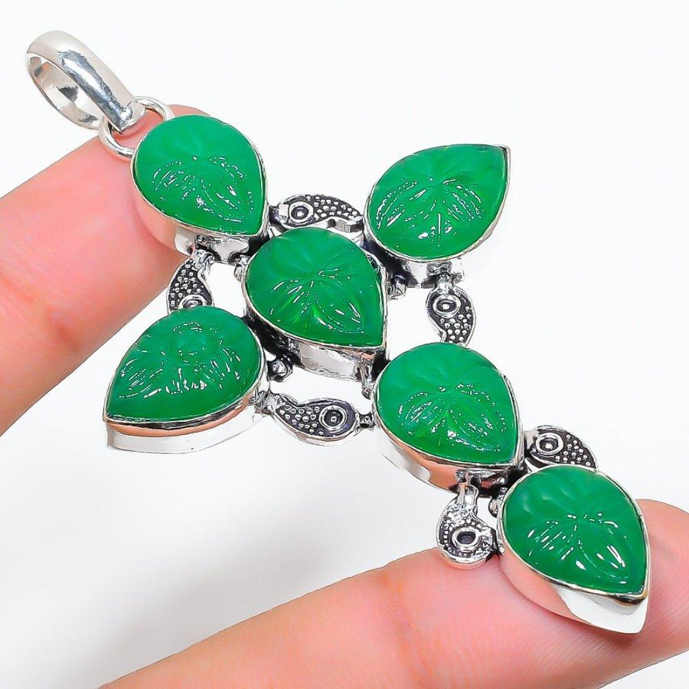 Emerald(Simulated) Gemstone Handmade 925 Sterling Silver Pendant 3.35"