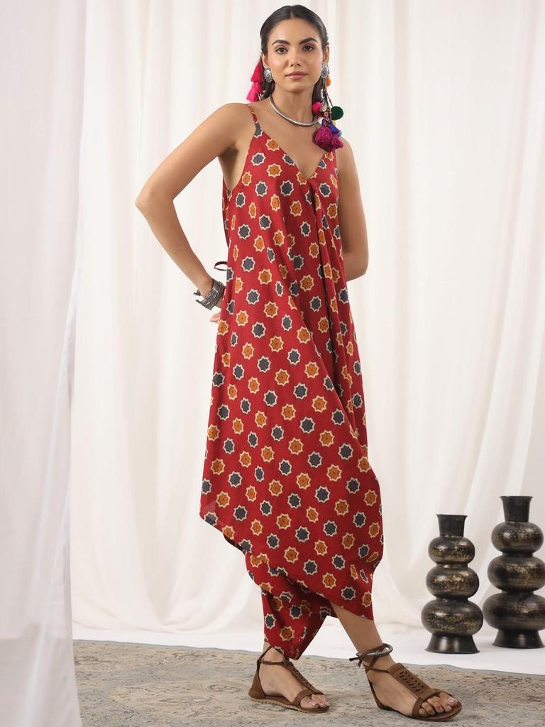 Hand Block Print Jumpsuit Baumwolle Rot Schwarz Jumpsuit,Einheitsgröße mit Taschen Boho Chic Handgefertigt Yoga Jumpsuit Sommer,lockerer Overall,Harem Jumpsuit