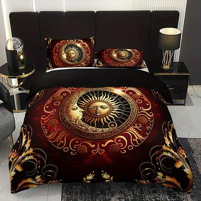 Mystic Celestial Sun & Moon Pattern Duvet Cover Set 3Pcs 1 Duvet Cover+2 Pillow Shams Breathable Polyester Fabric Bedding Set