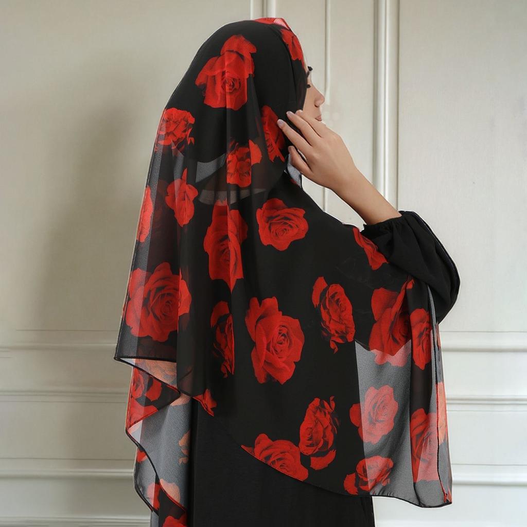 Rose Printed Chiffon Hijab Scarf Muslim Fashion Floral Printed Shawl Women Premium Chiffon Headscarf Beautiful Hair Wraps