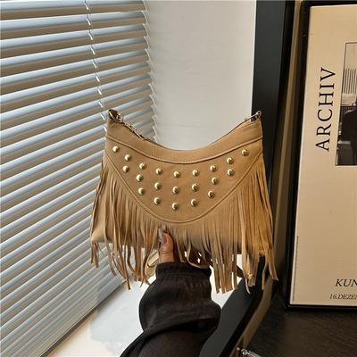 Ethnic Style Matte Small Bag Women's New Fashion Rivet Personalized Tassel Retro Shoulder Crossbody Dumpling Bag