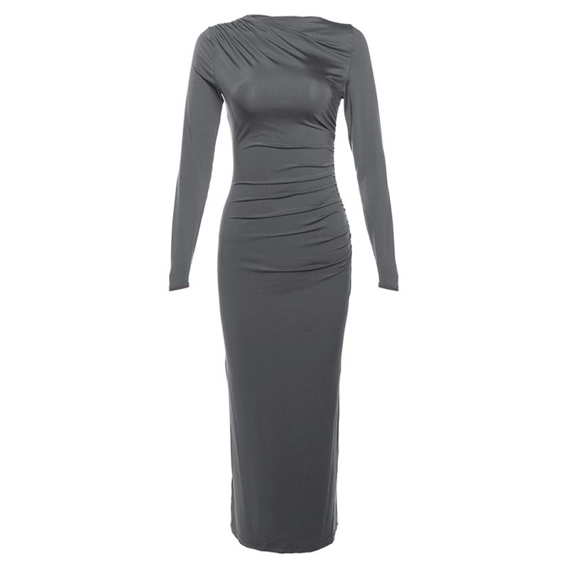 INS Fashion Style 2024 New Arrival Women's Clothing Fashion Round Neck Long Sleeves Silm Hip Bag Pure Color Elegant Dress