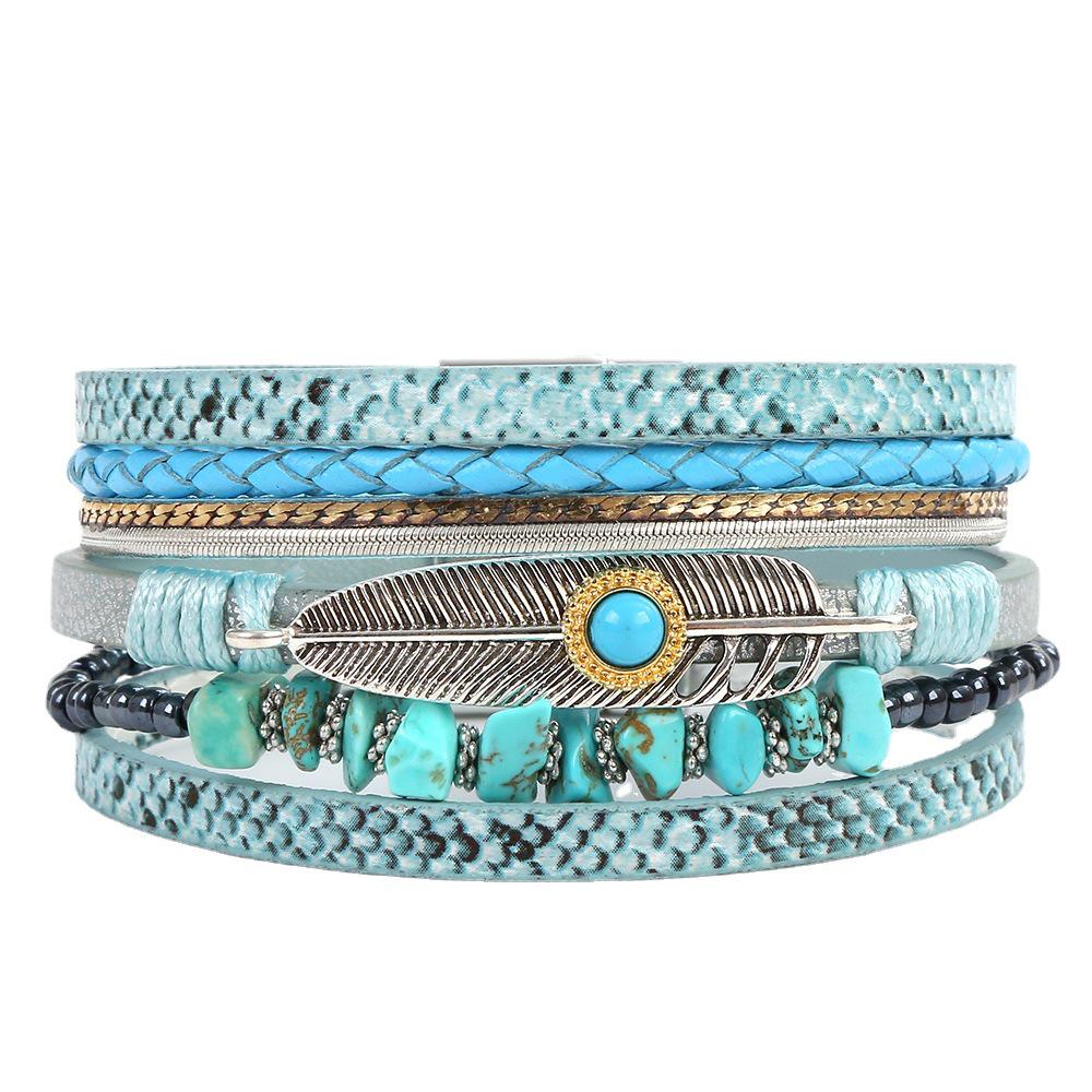 Korean Style Leather Bracelet with Feather & Turquoise for Women & Men