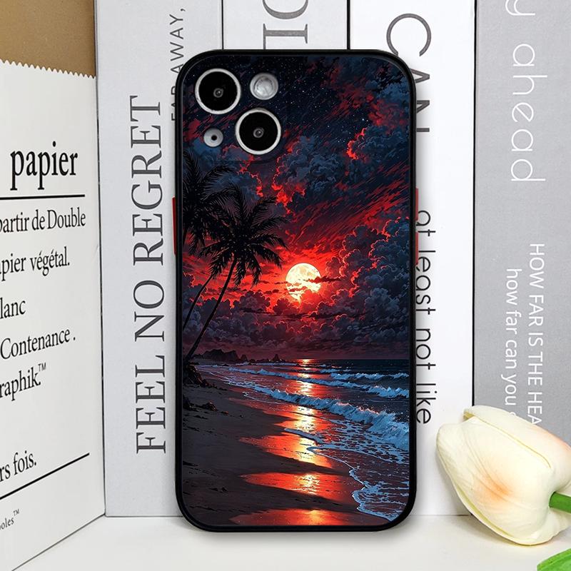 Creative Sunset Beach Wave Coconut Palm Landscape Phone Case for iPhone 17 16 Pro Max 15 14 13 12 11 Mini X 7 8 Plus Hard Cover