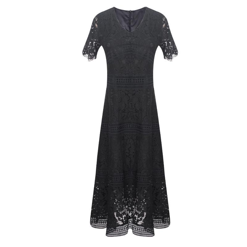 

Платье А-силуэта с V-образным вырезом и кружевом, европейский стиль, летняя мода, размер плюс, юбка средней длины, подходит для веса до 200 фунтов 2XL чёрный