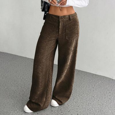 Damen Hose Tiefer Schritt Gerade Weites Bein Hoher Bund Reißverschluss Knopf Lange Hose mit Taschen Einfarbig