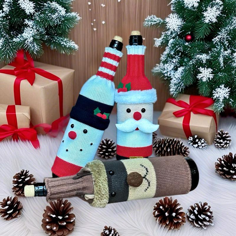 Festive Red Christmas Knit Wine Bottle Cover for Holiday Table Decor