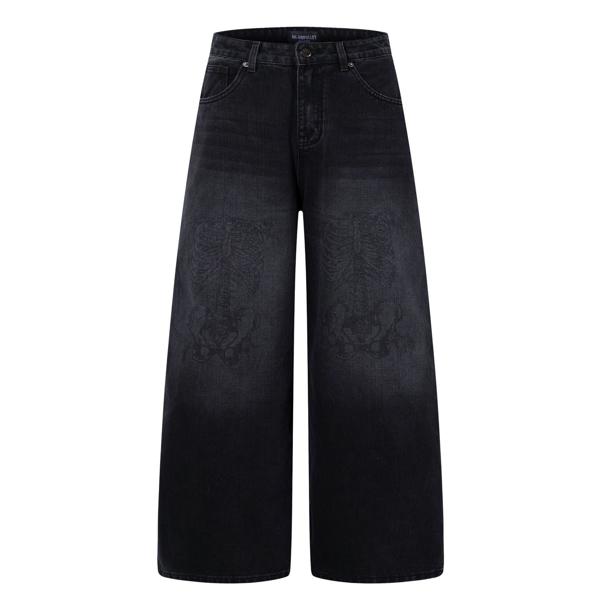 Men s Autumn American High Street RO Wind Skull Print Washed Jeans Wide Leg Pants S чёрный