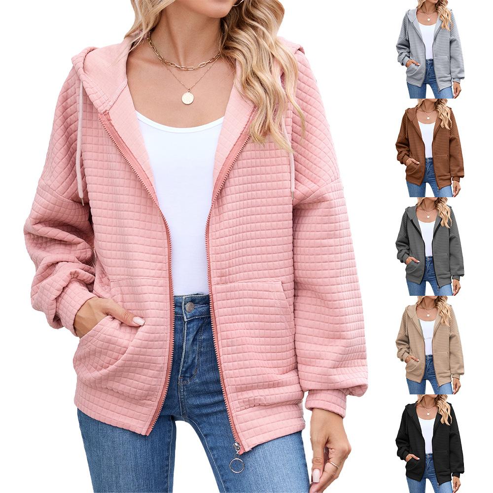 Women's Hoodies & Sweatshirts - Fall Winter Women's Solid Color Zip Up Long Sleeve Hooded Sweatshirt Jacket With Pocket For Amazon Cross-border