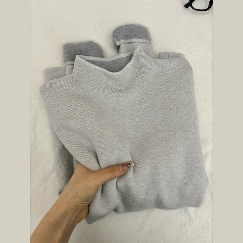 White Knitted Fleece Lined Half High Collar Sweater Women's Fashion Autumn Winter Inner Wear Base Shirt Integrated Fleece Top