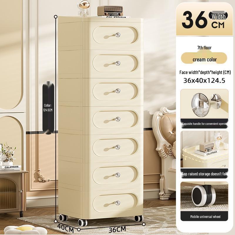 Cream Style Plastic Storage Cabinet: Thick Drawer-Type Bedside Table for Bedroom or Living Room Snack Storage.