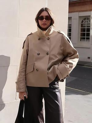 2025 European & American Style Double-Breasted Short Trench Coat with Stand Collar