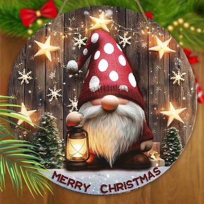 Rozkošná vánoční dřevěná cedule s trpaslíkem, kulatá cedule Merry Christmas s trpaslíkem pro dekoraci na zavěšení na vchodové dveře nebo zeď, ideální vánoční ozdoba