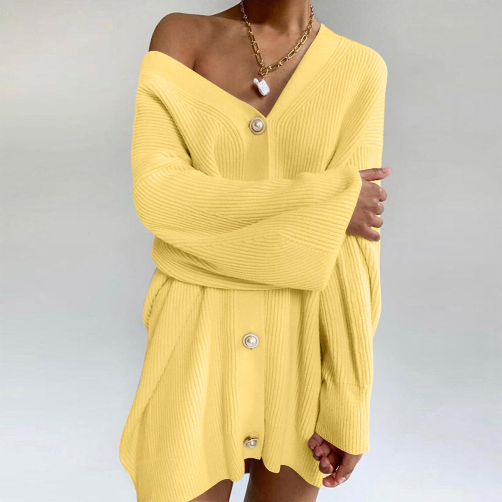 

Женский свободный повседневный однотонный свитер с длинным рукавом и жемчужными пуговицами, кардиган, куртка XL жёлтый