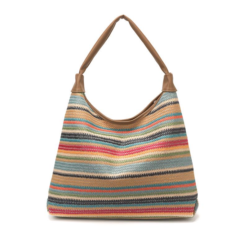 Striped Straw Woven Tote: Women's Large Capacity Shoulder Bag for Beach Vacation 2025 Fashion.