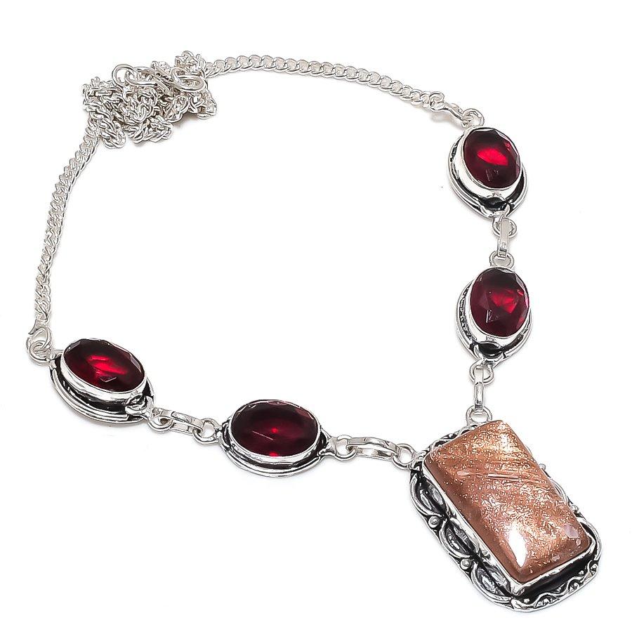 Sunsheen Obsidian, Garnet Gemstone 925 Sterling Silver Jewelry Necklace 18"