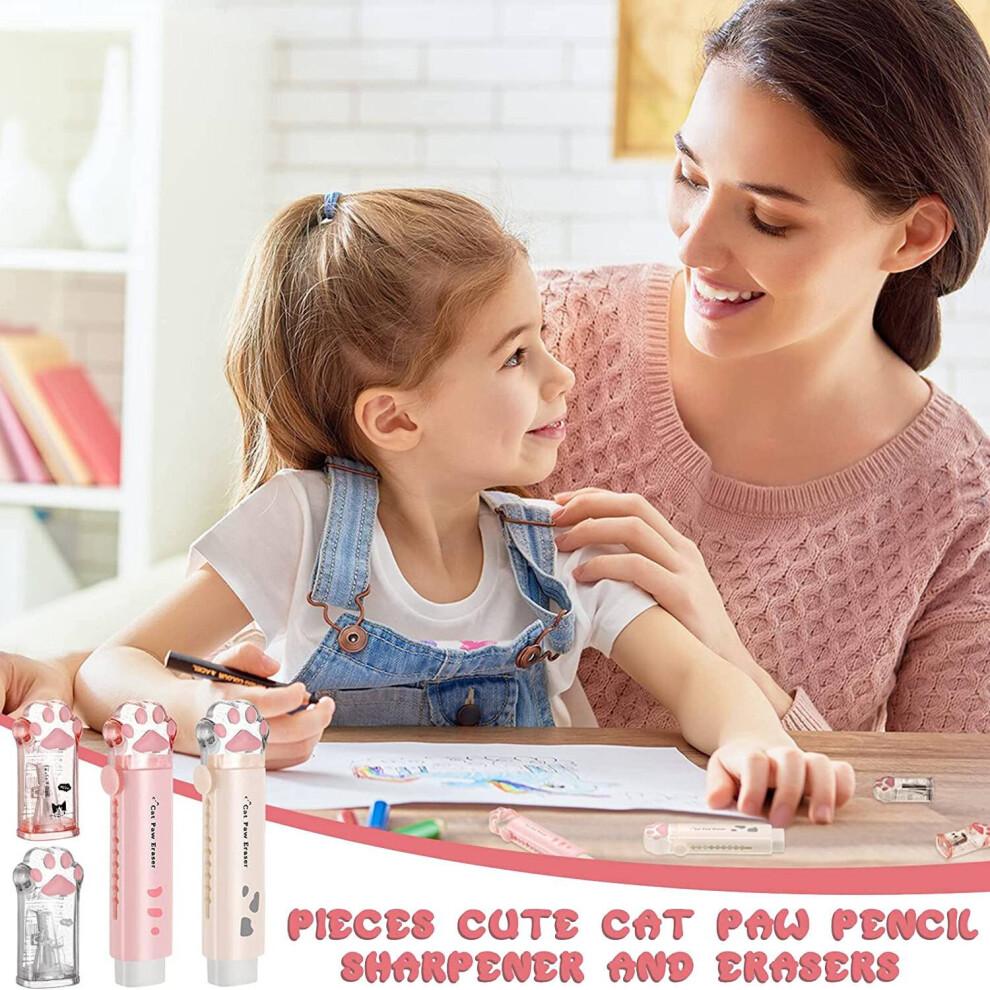 4 Pcs Cute Paw Pencil Sharpener and Paw Shaped Retractable Eraser Kawaii Pencil Sharpener School Supplies