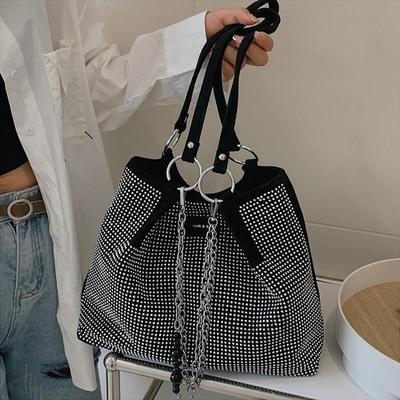 Fashion Rhinestone Shoulder Tote Bag with Chain Vintage Gothic Handbags for Women Travel Shopper Totes Large Capacity