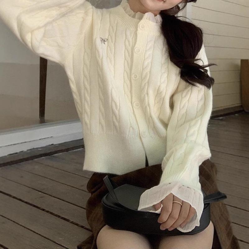 Autumn and winter new women's clothing tops fake two-piece sweaters women's long-sleeved crew neck versatile jacket twist knitted cardigan