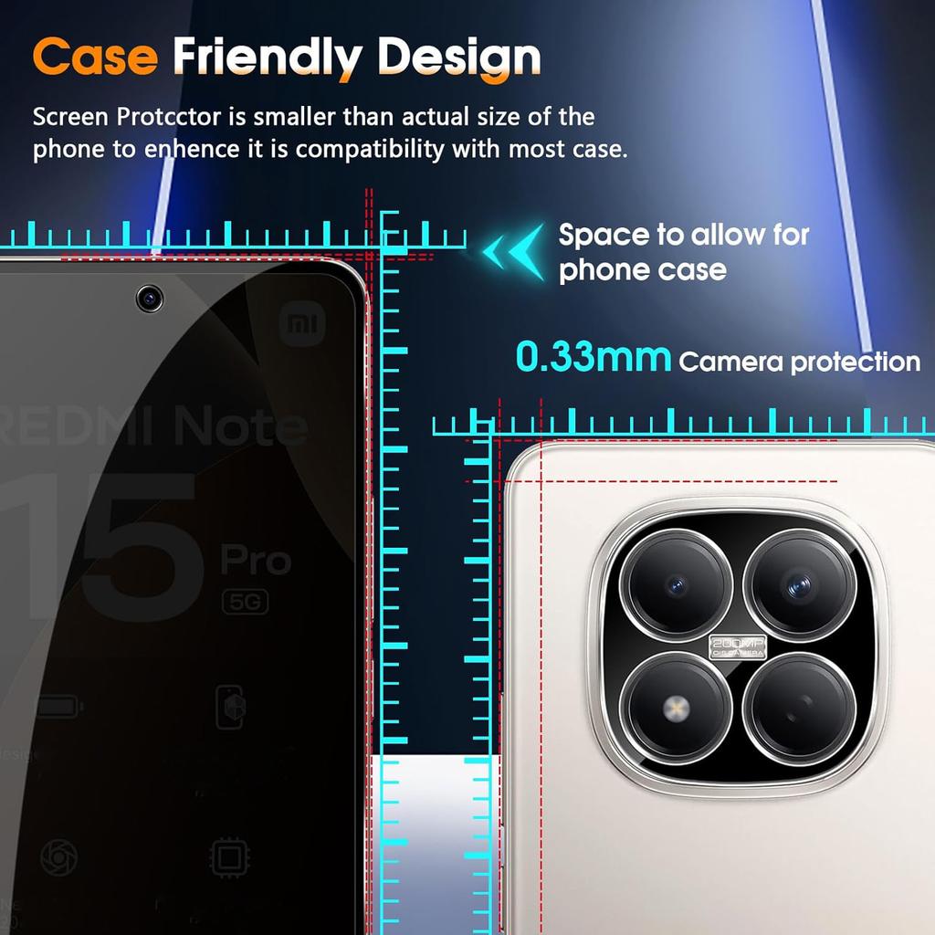(2+2 PCS) Privacy Tempered Glass Screen Protector for Redmi Note 15 Pro 5G HD Glass Anti-Peeping Protective + Tempered Glass Camera Lens Film 4in1