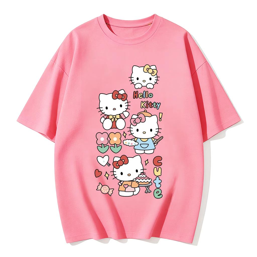 2026 New Summer HelloKitty Cute Graphic Tee Casual Short Sleeve Cotton Top for Women Girls Kawaii Cartoon Print Streetwear