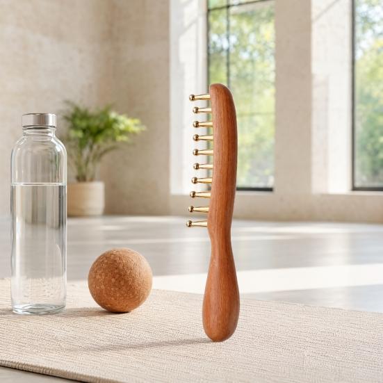 Copper Massage Brush, Gua Sha Comb with Wood Handle And Brass Balls, Brass Massage Tool, Facial Massager for Face, Jawline, Scalp, Eye Care, Body