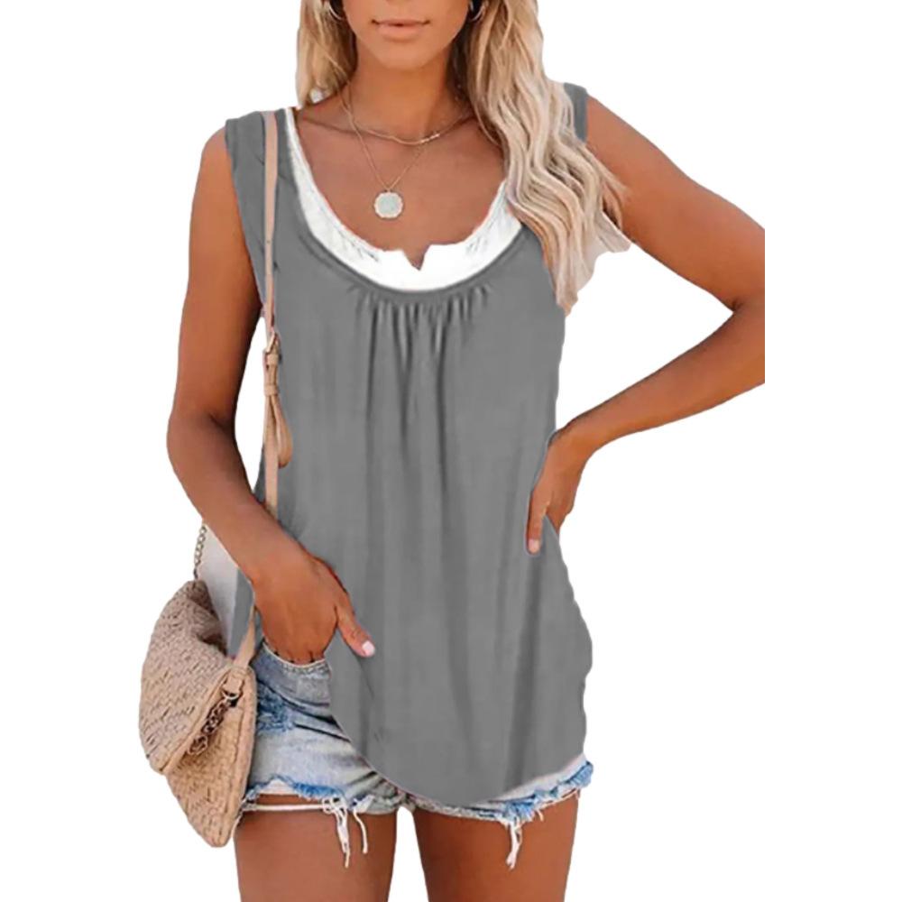 T-shirt con gilet senza maniche a due strati finto da donna patchwork estivo Canotta con fondo da donna elegante casual allentata
