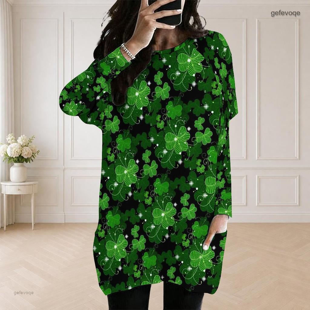 Women Plus Size Round Neck Long Sleeve White Blue Butterfly Print Loose Longline Top With Pockets