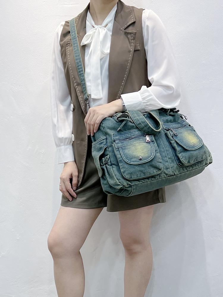 Denim Bag Women'S Wash Retro Messenger Bag Multi-Pocket Shoulder Bag Large Capacity Tote Bag