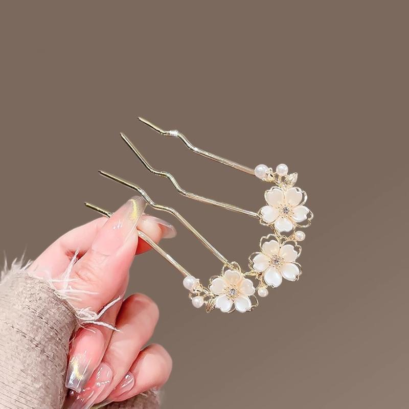 1Pcs Elegant Pearl Flower Hair Combs Pins French Retro Bun Hair Accessories Women Daily U-Shaped Hairpin Female Alloy Hair Clasp