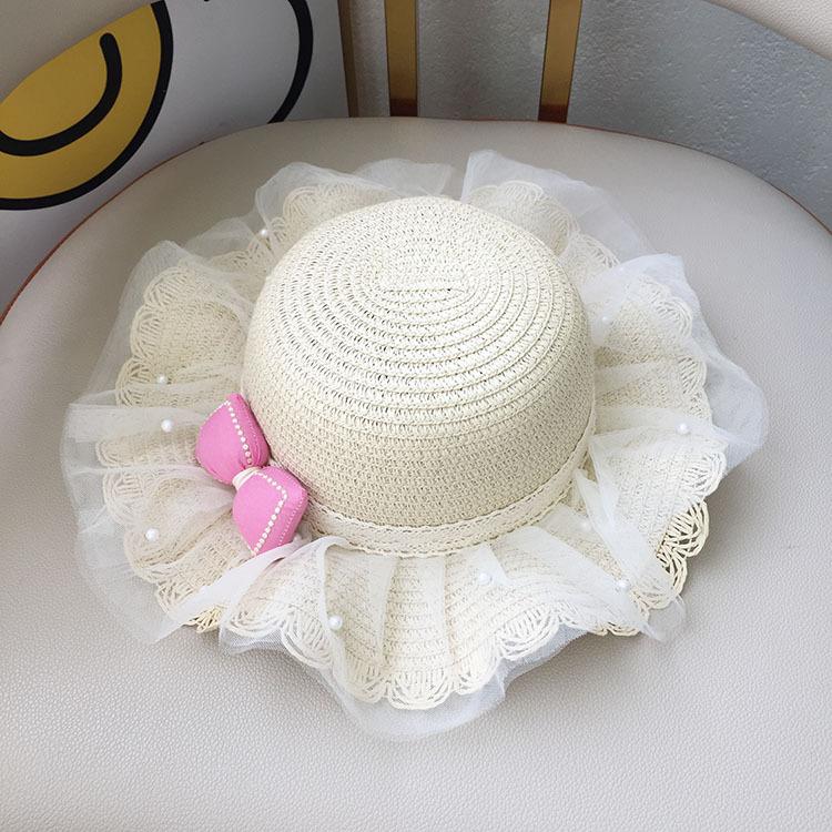 Girls Straw Hat With Pearl Bow And Mesh Wide Brim Wavy Edge Sun Protection Beach Summer Cap For Kids