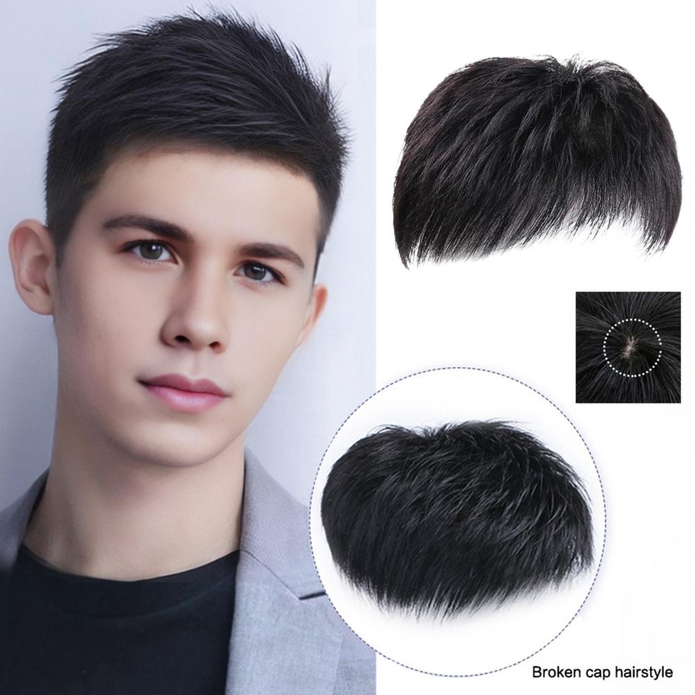 Men Short Straight Hairpiece with Bangs BaldSpots Gray Hair Coverage High Temperature Fiber Male Black Synthetic Hair Wig