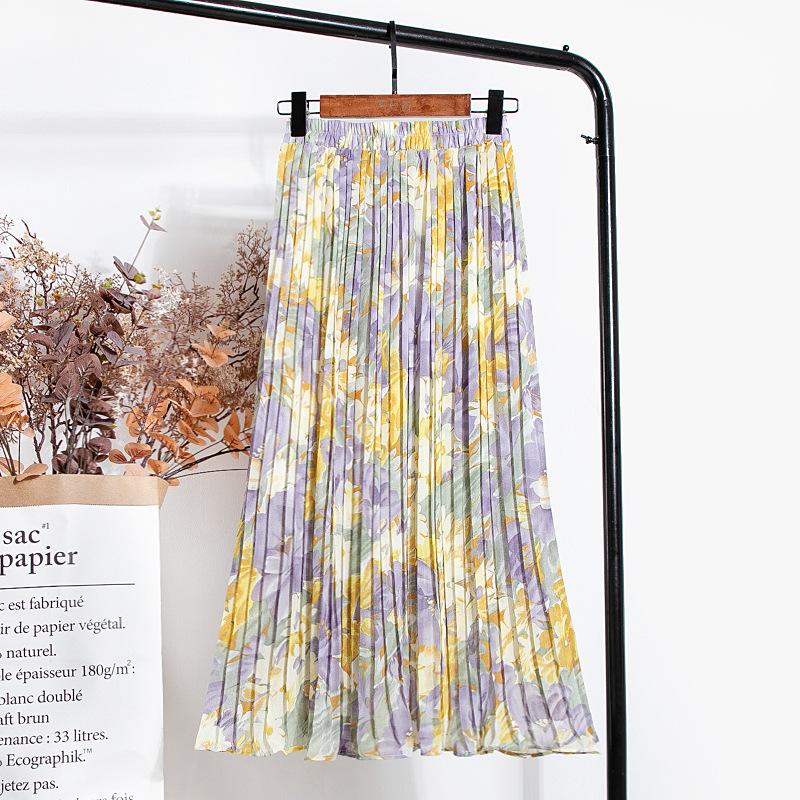 Qooth Floral Print Women Skirt Summer High Waist A-line Midi Skirt Beach Chiffon Elegant Pleated Skirts QT1378