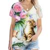 Cute Cat 3D Digital Printed Women's Casual and Comfortable V-neck Short Sleeved T-shirt