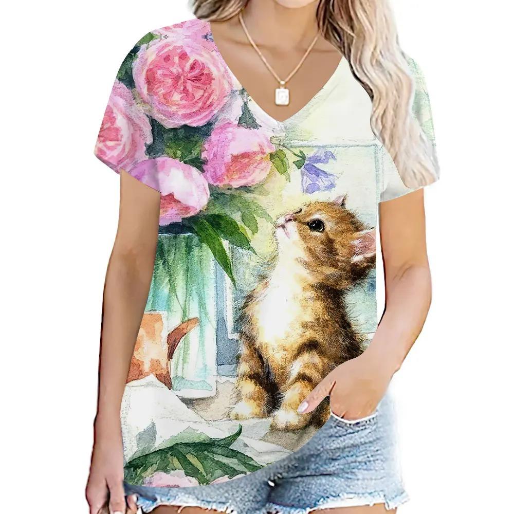Cute Cat 3D Digital Printed Women's Casual and Comfortable V-neck Short Sleeved T-shirt