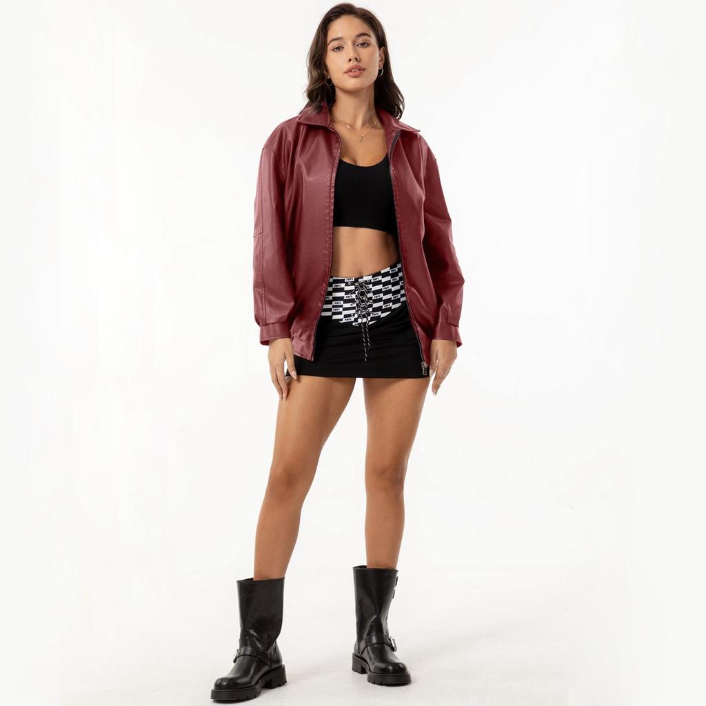 Kadın Ceketleri Suni Deri Uzun Kollu Yaka Fermuarlı Bol Ceket Sonbahar İlkbahar Motosiklet Bomber Üstler Tatil Günlük Dış Giyim